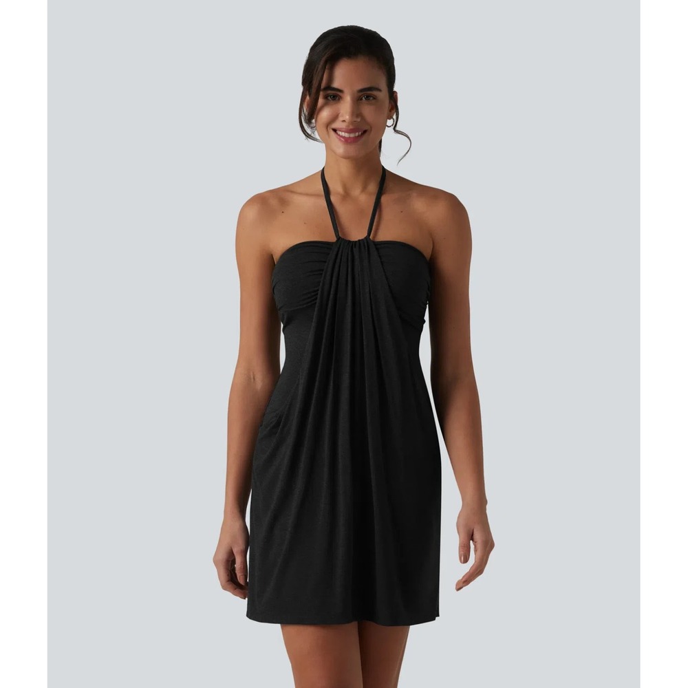 Halara NWT Women's Small Halter Tie Back Mini Resort Dress with Pockets Black